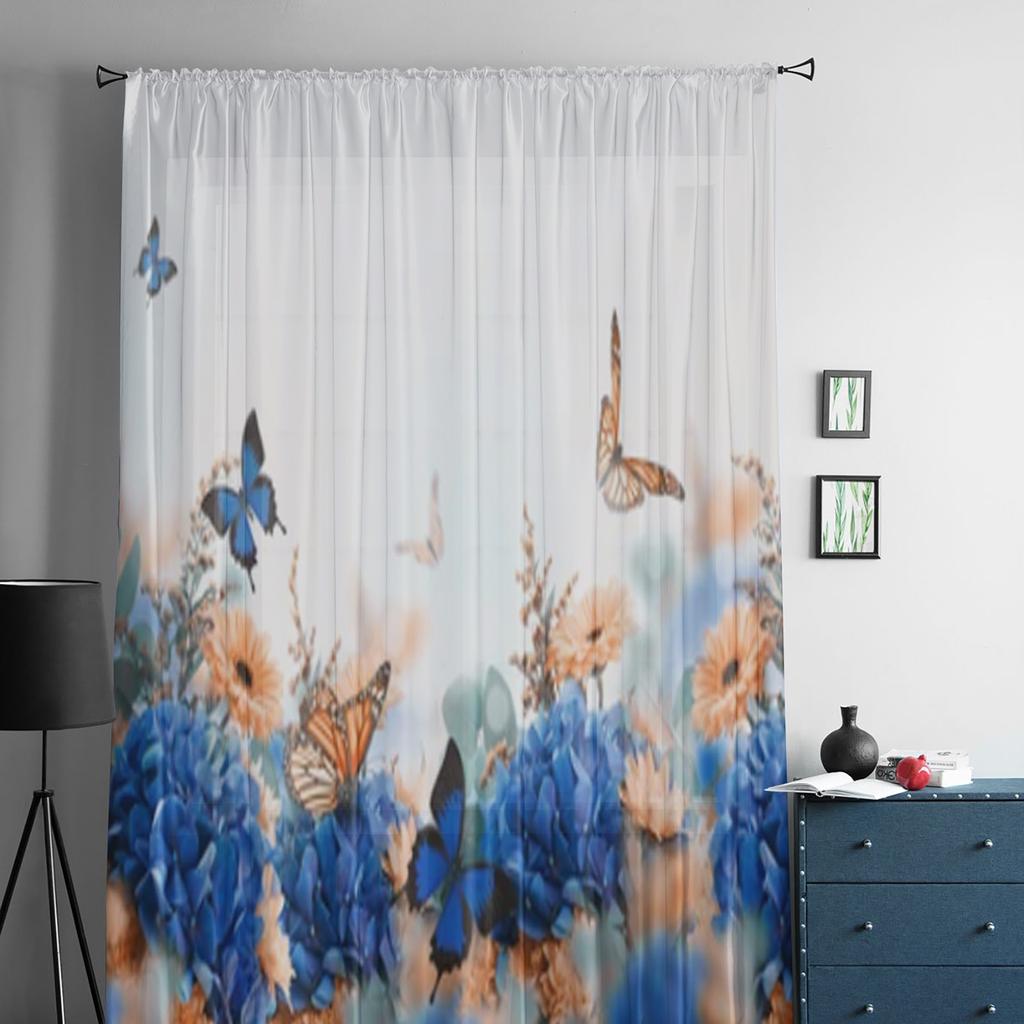 Hydrangea And Daisies Chiffon Sheer Curtains For Living Room Bedroom Decoration Window Tulle Curtains Drapes