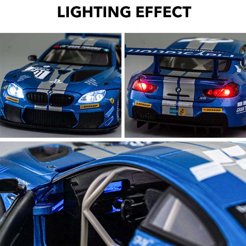 1/24 skala M6 GT3 odlany model samochodu zabawka, wycofać pojazd zabawkowy z dźwiękiem i światłem dla dzieci maluch chłopcy dziewczęta kolekcja prezentów