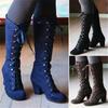 Fashion New Women's Mid Calf Boots Shoes Woman Cross Lace Up Female Suede High Heels Ladies Thick Heels Retro Shoes Plus Size tyh6