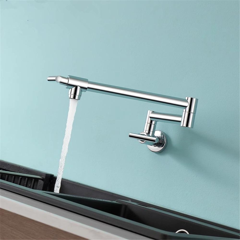 Tuqiu Rose Gold Pot Filler Tap Wall Mounted Foldable Kitchen Faucet Single Cold Sink Tap Rotate Folding Spout Chrome Gold Brass