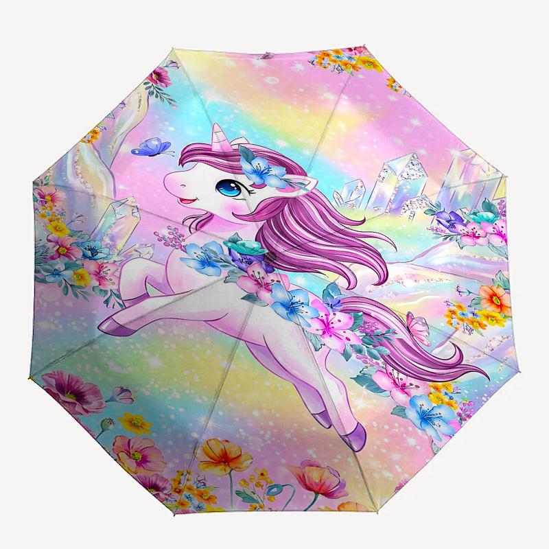 

1PC Unicorn Flowers Umbrella-8-Rib Reinforced, Automatic Open, Lightweight & Durable, Fashion Accessory for Outdoor, Beach L0395