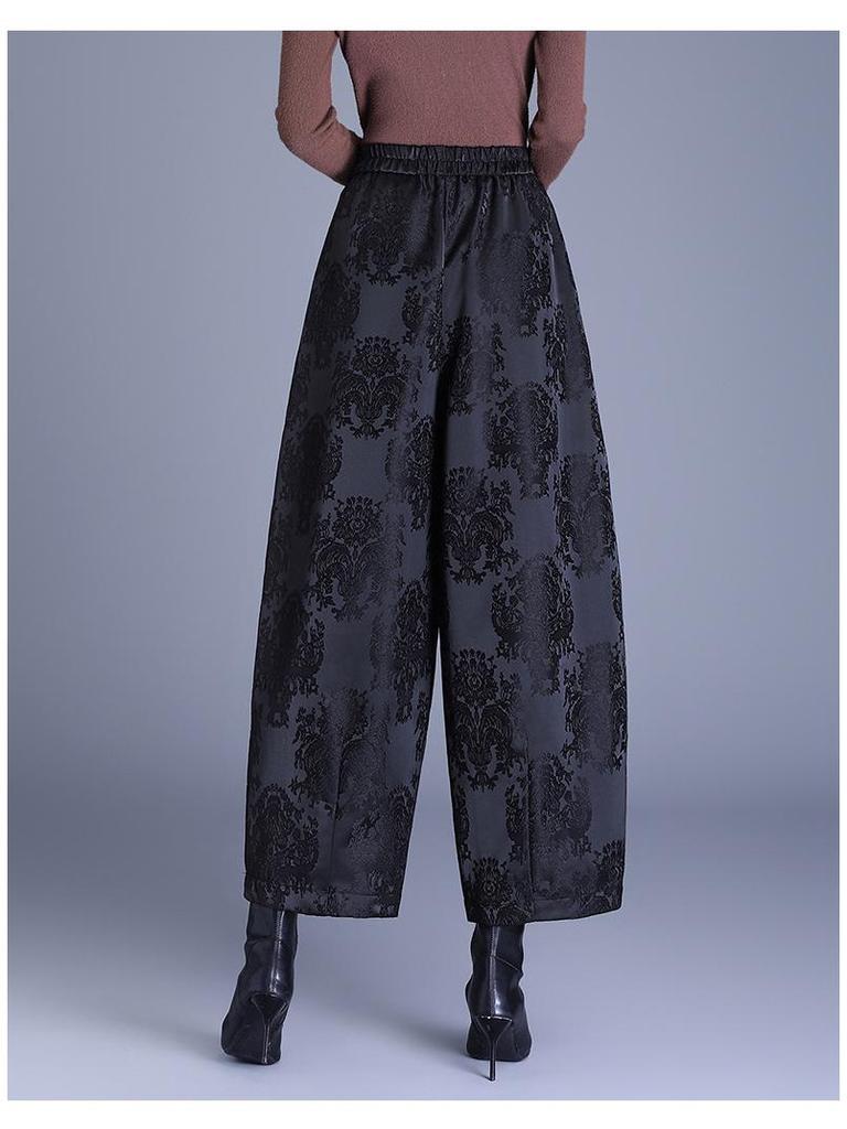 Chinese Style Jacquard Anti-Aging Down Cotton Pants for Middle-Aged Women - Autumn/Winter Cropped Casual Boots