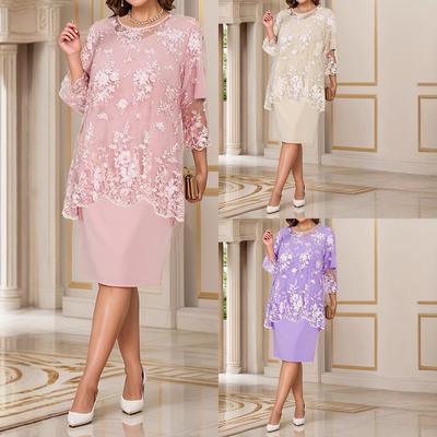 Women's Plus Size Evening Dress Mid-sleeved Round Neck Lace Fake Two Loose Knee-length Dress Clothes Sale