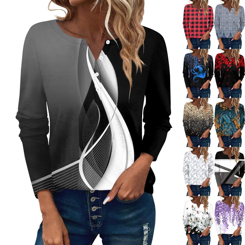Women's Long Sleeve Button Down T Shirts V Neck Casual Tunic Tops Women Casual Tops