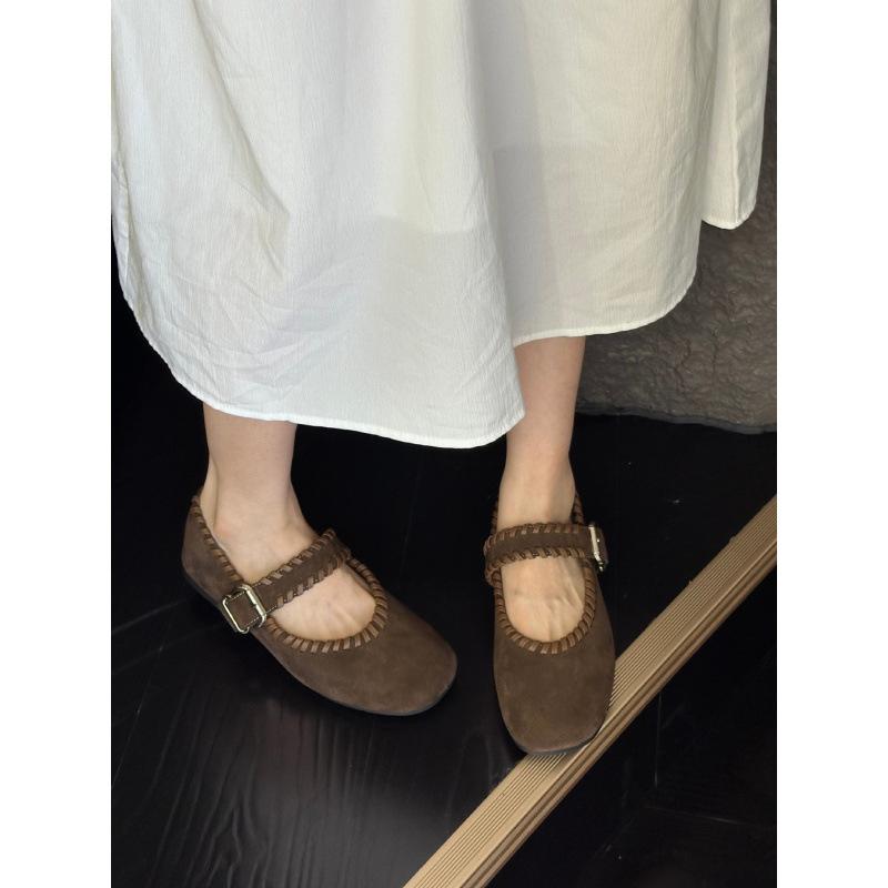 Retro Woven Suede Square Head Word with Shallow Mouth Gentle Evening Breeze Flat Bottom Mary Jane Single Shoes Women