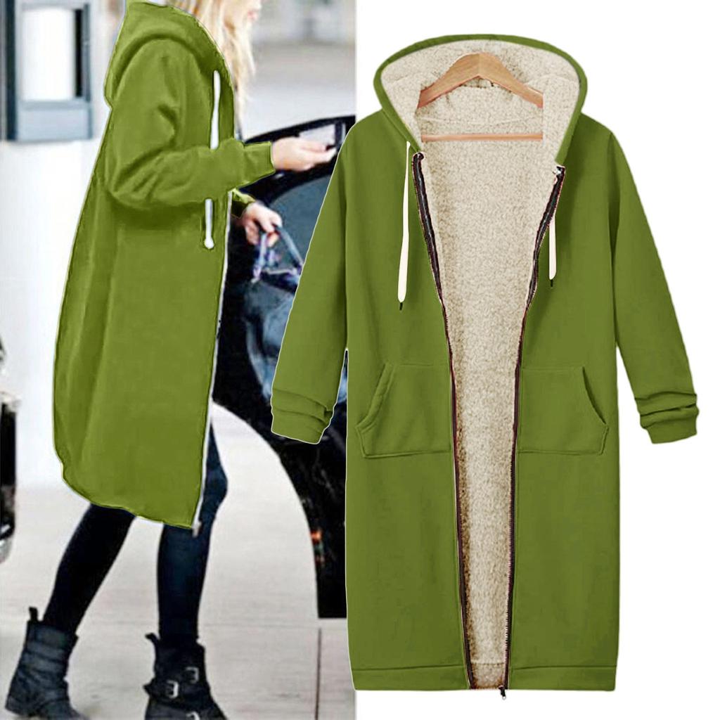 Women Zipper Open Hooded Fleece Sweatshirt Long Coat Jacket Tops Outwear