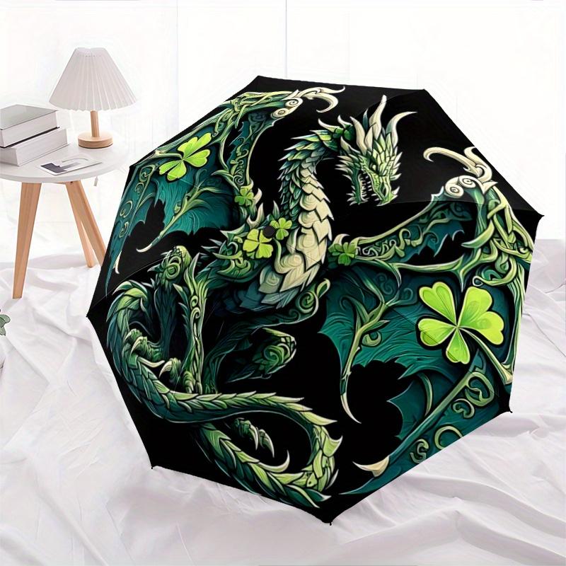 1pc Green Clover Dragon Pattern Automatic Umbrella is Fashionable and Good-Looking, Suitable for Travel and Daily UseC074