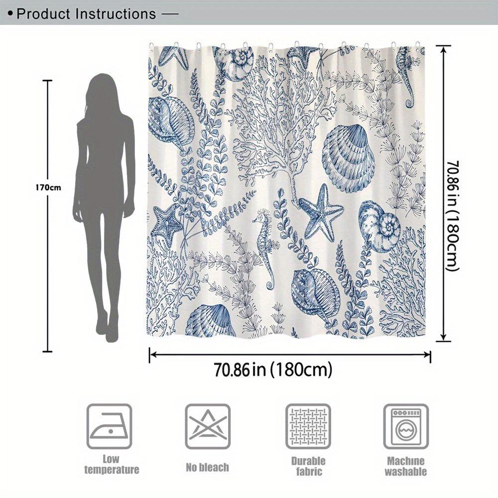1 blue and white sea creature shower curtain with starfish, shells, seaweed and corals, vintage nautical style, with hooks