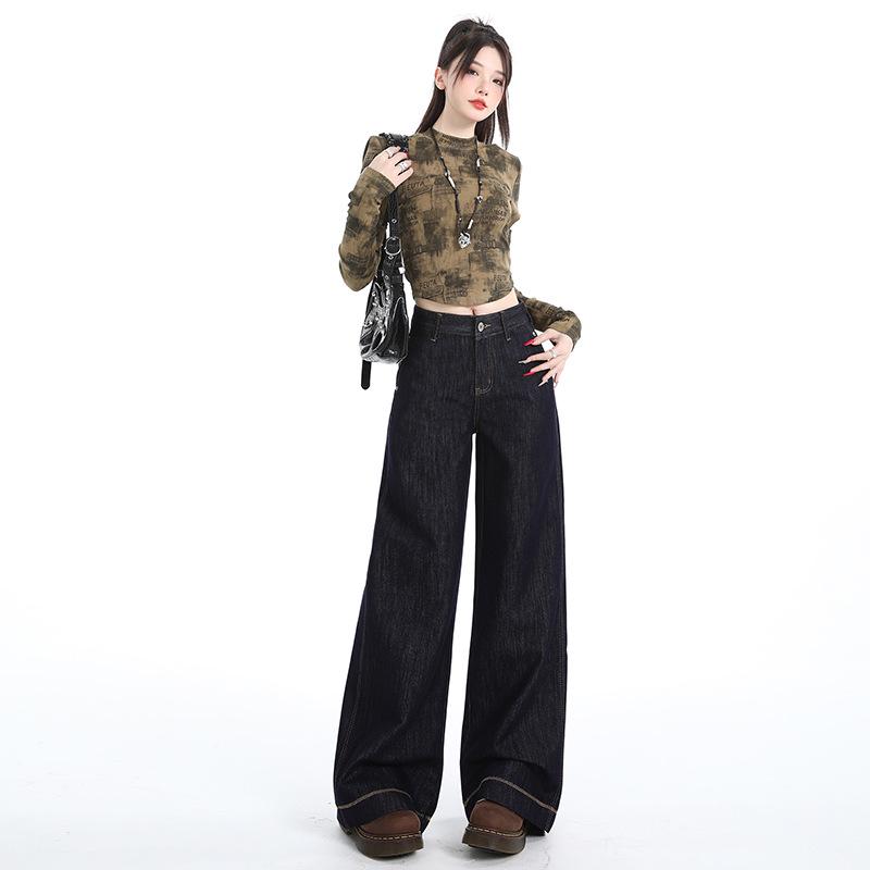 

Women s Dark Blue Wide-Leg High-Waisted Jeans - Autumn/Winter 2025 Straight Loose Fit, Floor-Length Small