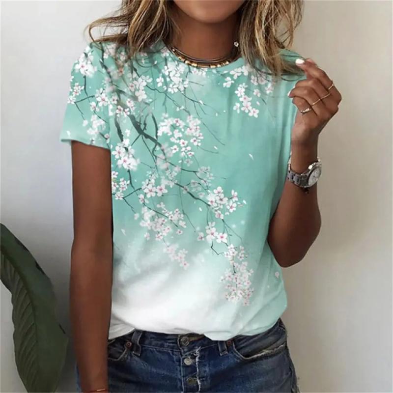 Sommer Blumenmuster 3D-Druck T-Shirts Damen Rundhals Kurzarm Lässiges T-Shirt Harajuku Tees Y2k Tops Damenbekleidung