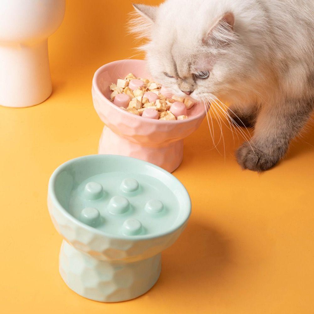Anti Tipping Cat Slow Feeder Bowl Ceramic Pet Drinking Eating Feeder  for Kitten/Puppy/Bunny