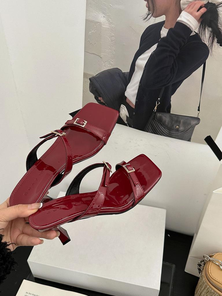 Slippers Summer French Style Niche Square Toe Open Toe Thin Heel Patent Leather Ankle Strap Rhinestone High Heel Women'Ssandalswomen'S