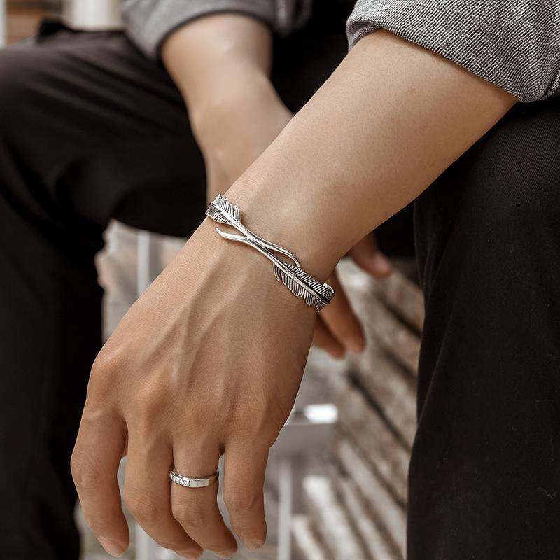 Silver Feather Cuff Bracelet for Men Women Vintage Adjustable Bracelet Bangle Fashion Jewelry