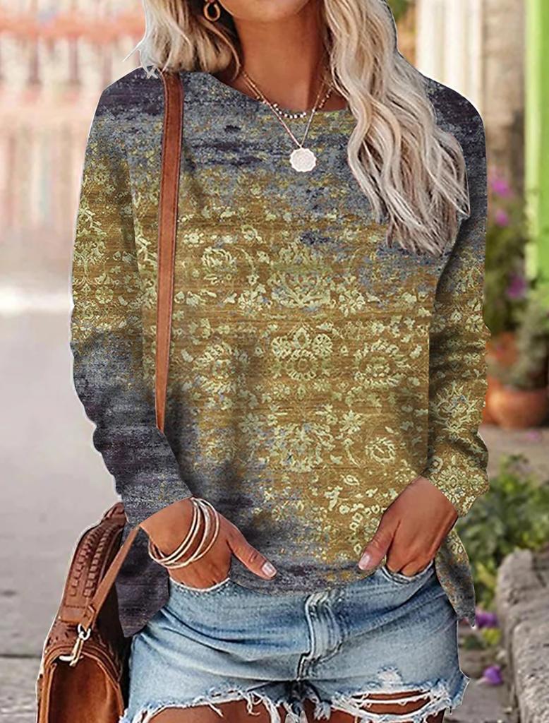Fashion Women's T shirt Tee Graphic Print Casual Long Sleeve Weekend Vintage Ethnic Crew Neck Regular Fit Painting Fall & Spring