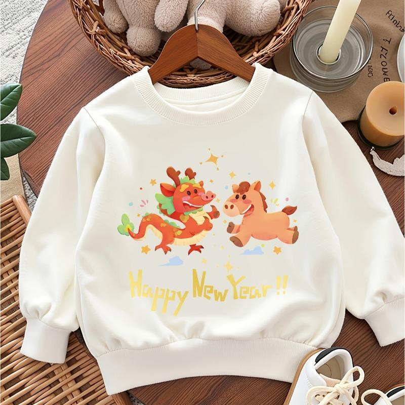 Kids Crewneck Long Sleeve Sweatshirt, Chinese Chic Dragon Horse Happy New Year Print