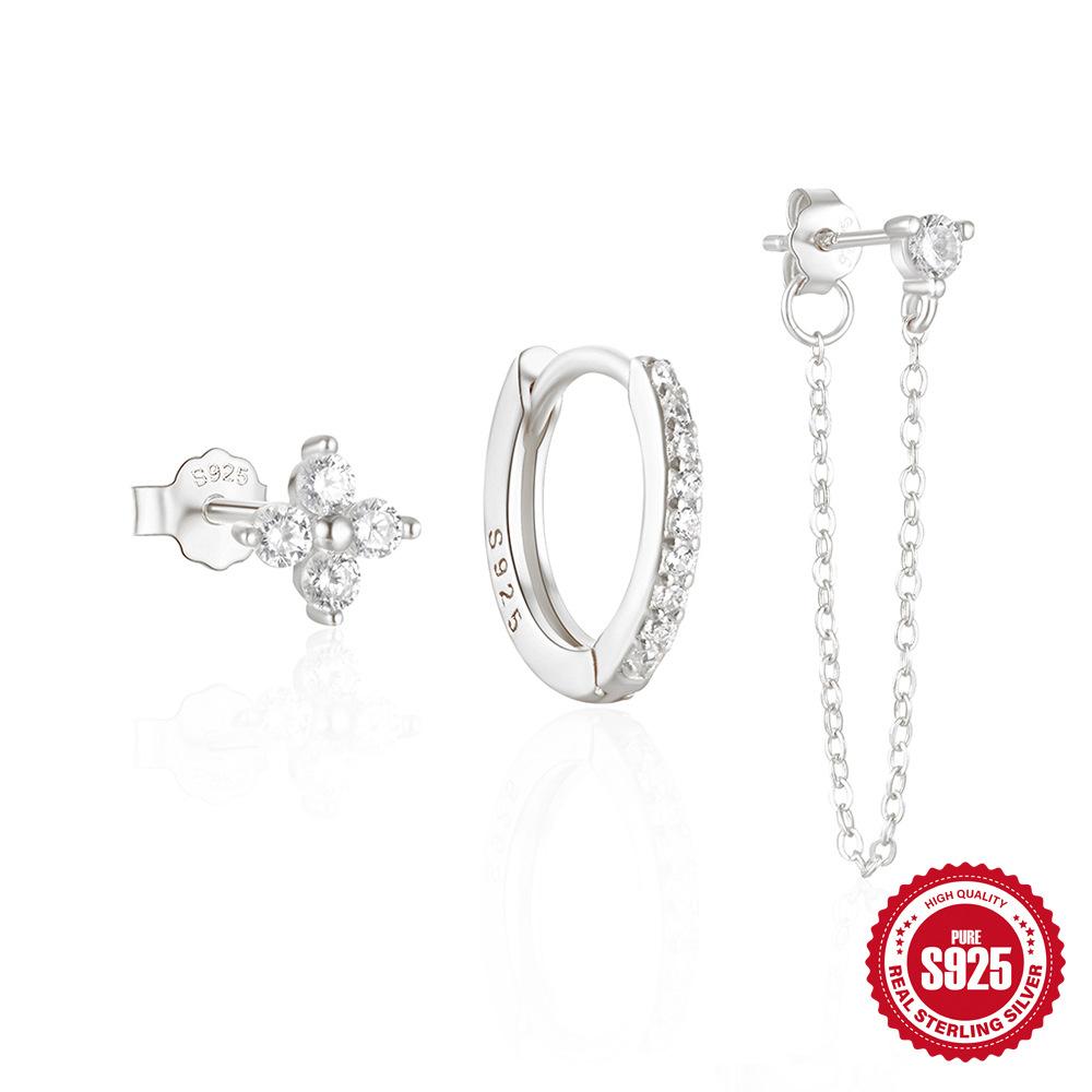 

A Set Of 3 Stylish Stacked S925 Sterling Silver Personalized Petals Colored Diamond-Encrusted Chain Earrings Earrings Earrings 925 Silver