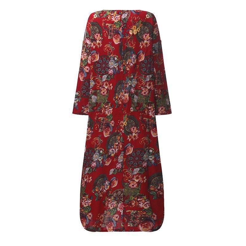 Women Vintage Casual Floral Printed Loose Dress Kaftan Long Maxi Shirt With Timeless Design