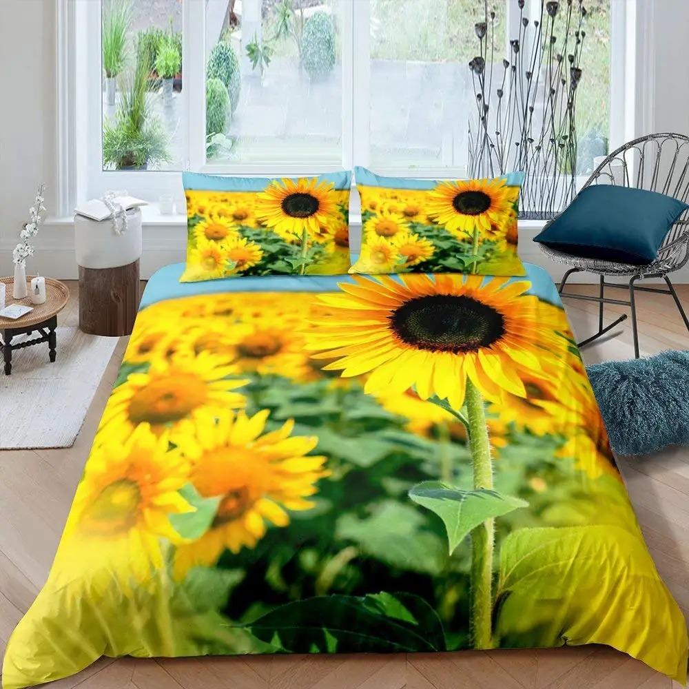 Sunflower Duvet Cover Set Blooming Sunflowers Field Print Bedding Set for Kids Modern Oil Painting Microfiber Comforter Cover
