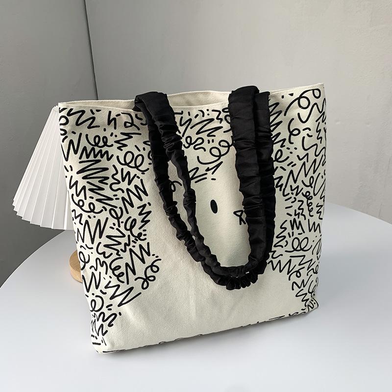 Geantă de umăr pânză drăguță cu pisici și câini pentru femei - Geantă tote artistică de vară cu imprimeu de desene animate, capacitate mare pentru studenți