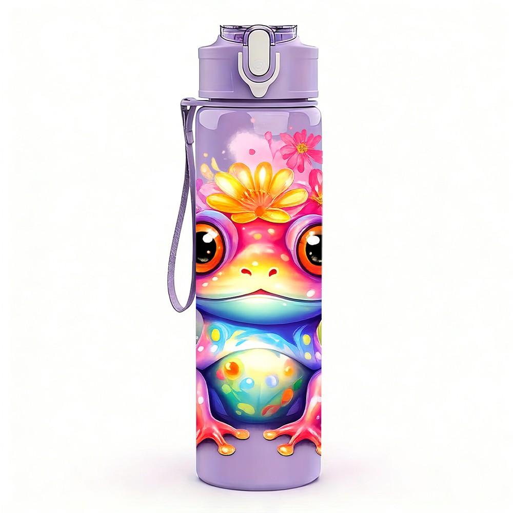 1PC Colorful Frog Cute Cartoon Print 750ml Color Plastic Sports Water Bottle Leakproof Flip Straw Lid Suitable for Sports Office Home Use