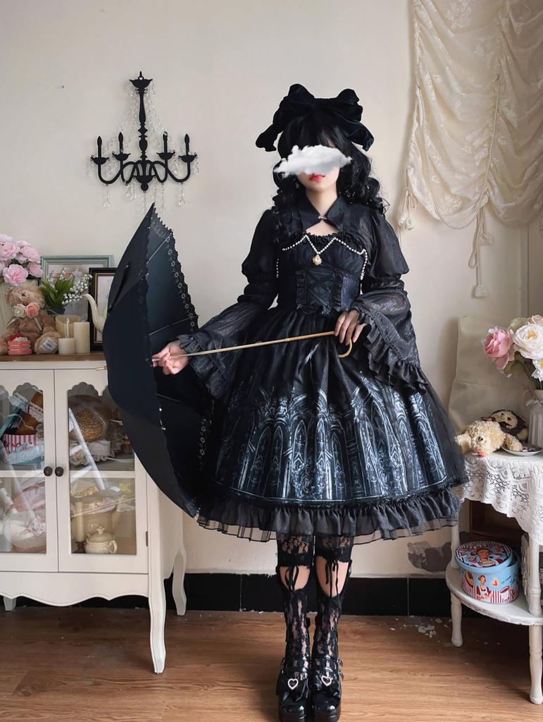 Gothic Lolita JSK Lolita Jumper Skirt with and Lace Up Sickly Princess Mori Princess Idol Size M [XHSUKADO] 2-Piece Cape, Ribbon, Dress, Women's