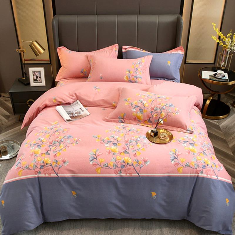 Set din patru piese din bumbac îngroșat și abradat, husă de pilota cu imprimeu, din bumbac pur, de lux, ușoară, cu abraziune, set de cearșaf de pat 4 piese