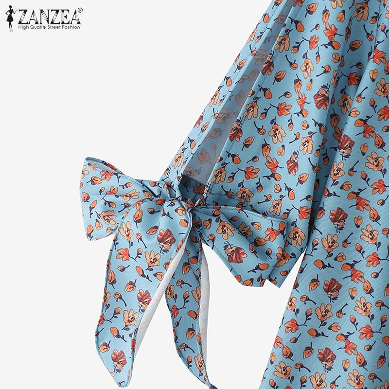 ZANZEA Bluză de damă casual cu gât rotund, cu șireturi, mânecă scurtă, largă, cu imprimeu