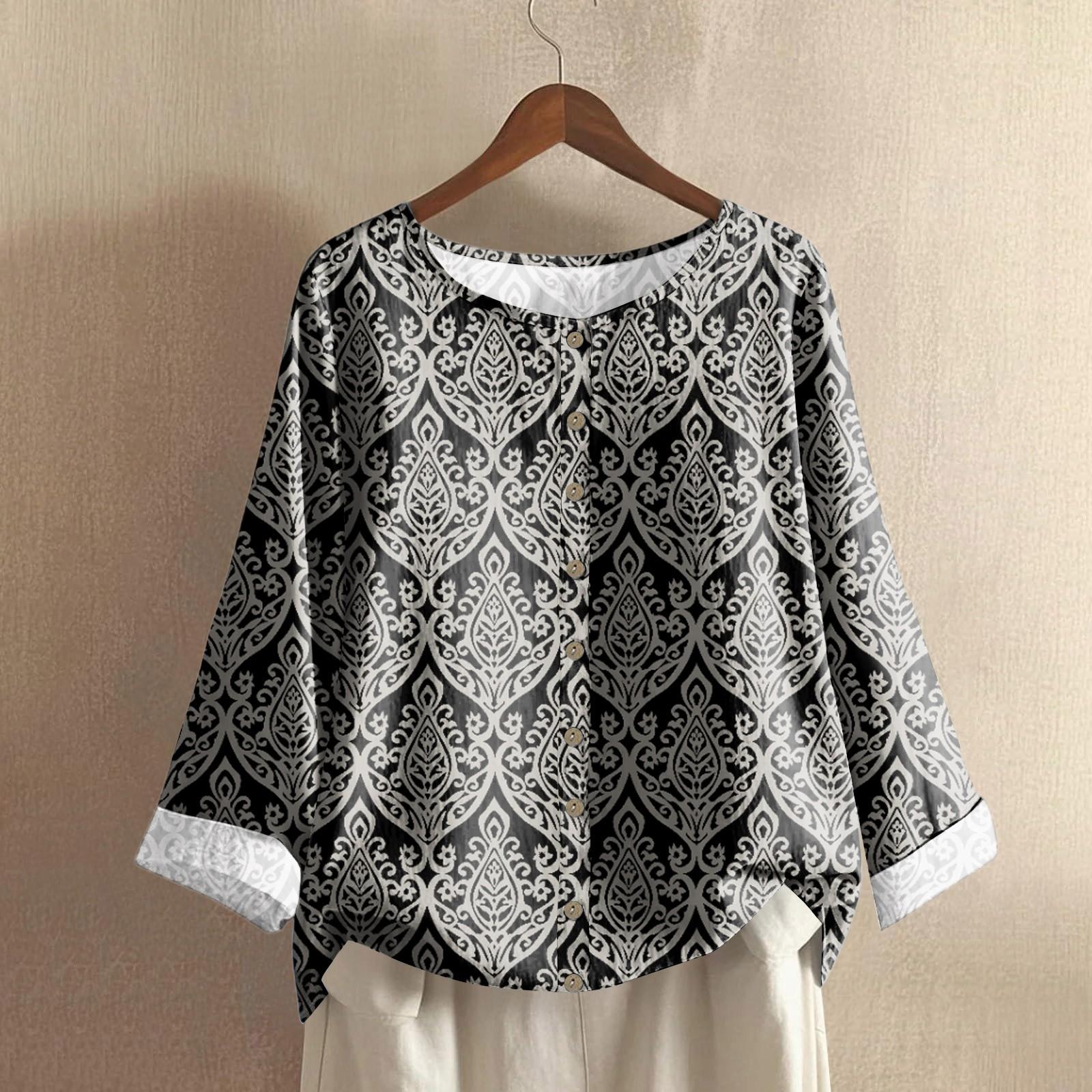 

Women s Casual Long-sleeved Round Neck Retro Geometric Print Cotton And Linen Top XL