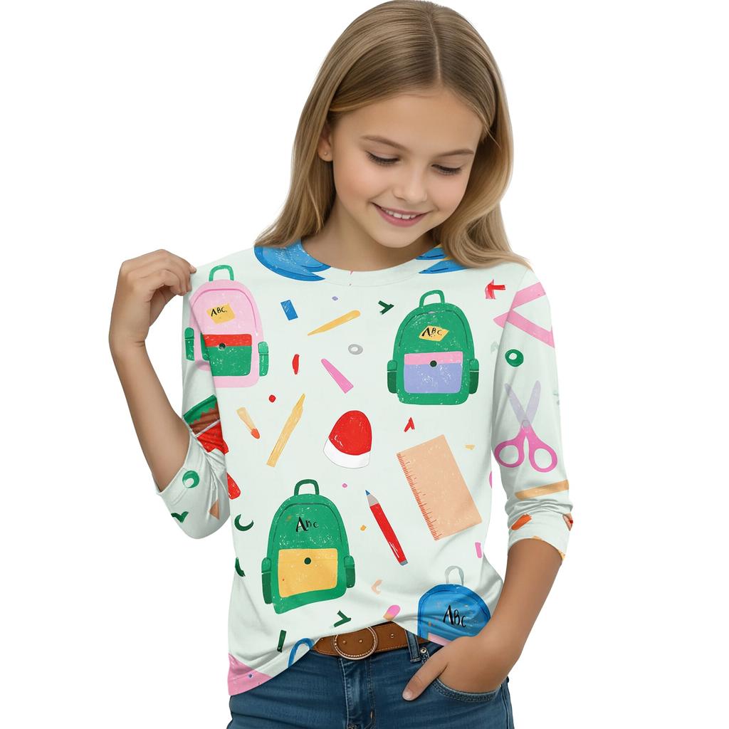Kids Printed Round Neck Three-Quarter Sleeve Top for Back to School Casual Wear