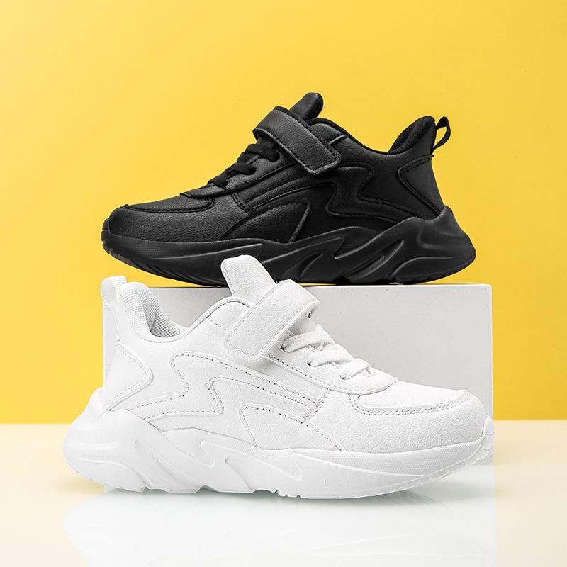 Children's sports shoes Boys' small black shoes 24 spring and autumn leather surface single shoes performance white shoes running shoes