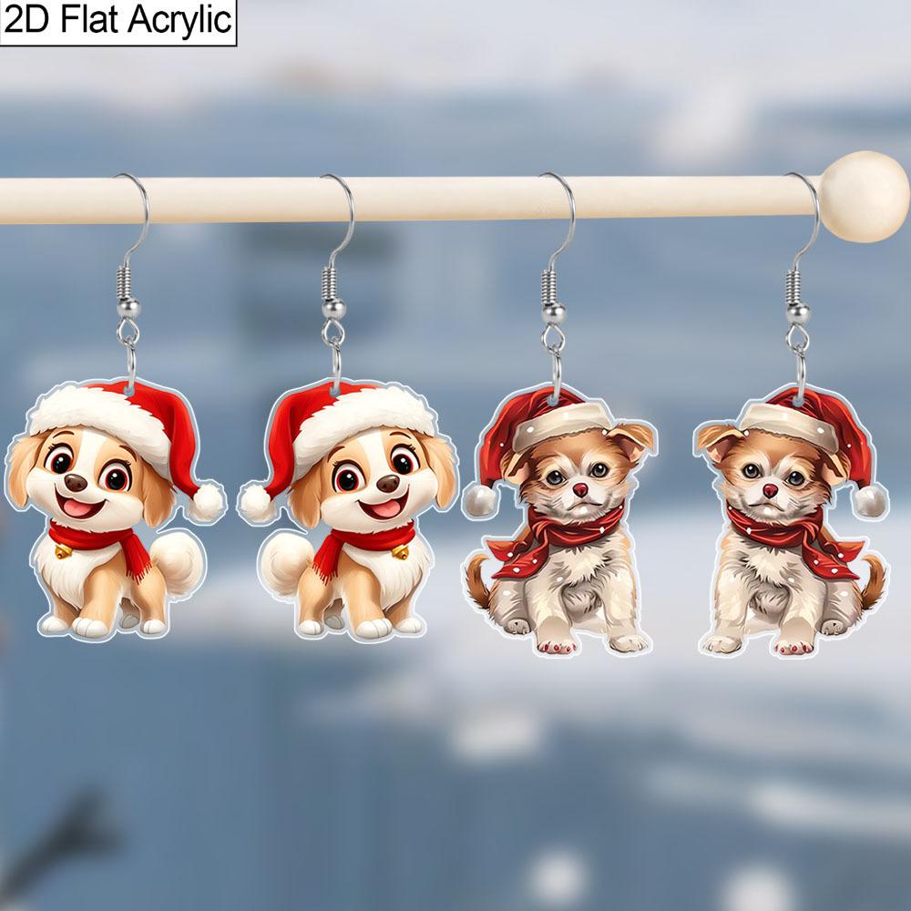 

Christmas Gift Acrylic Women s Fashionable Drop Earrings, Crooked Dog in Christmas Hat Shape Design for Women s Daily Matching