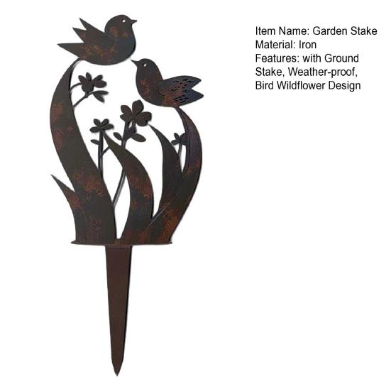 Yousheng Bird Wildflower Metal Garden Stake Decoration Weather-proof Outdoor Yard Lawn Patio Pathway Rusty Iron Floral Bird Stake Ornament