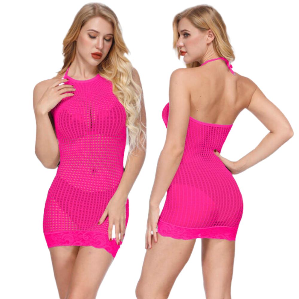Women Dress Sheer Mesh Halter Sleeveless Beach Cover Up, Sexy See-Through Fishnet Dress, Solid Bodycon For Summer Beach Party