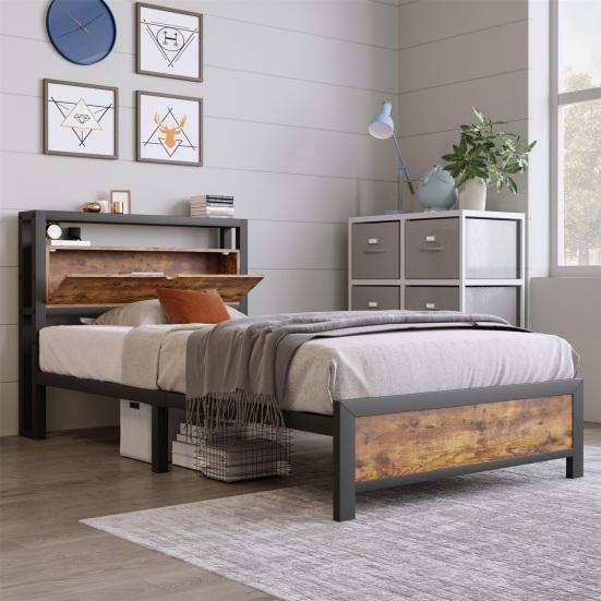 Platform Bed Metal with Storage Headboard Strong Load Bearing Adult Single Slats Frames Home Furniture Space Head