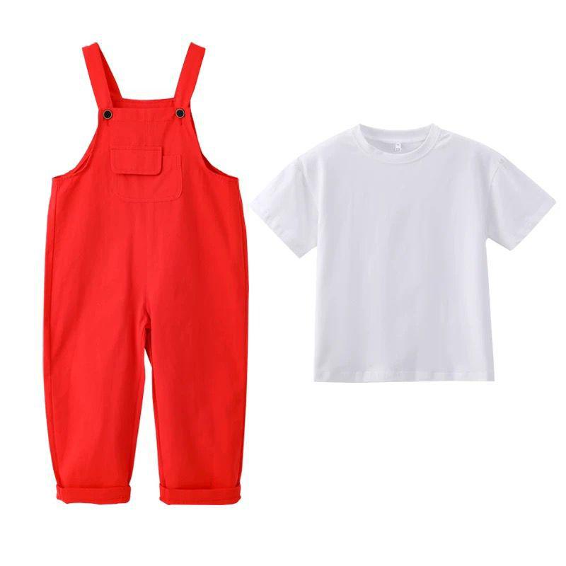 Set Salopette Colorata per Bambini: Palette di caramelle autunnale per la festa dello sport e il coro dell'asilo 150 cm t-shirt bianca + salopette rossa colore