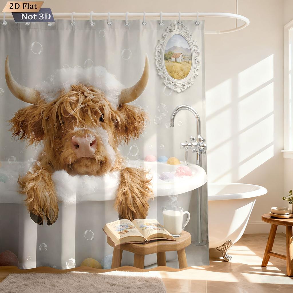 1pc Cartoon Highland Cow Rabbit Bath Print Waterproof Shower Curtain Partition Privacy Hanging Curtain Multiple Sizes 12 Hooks
