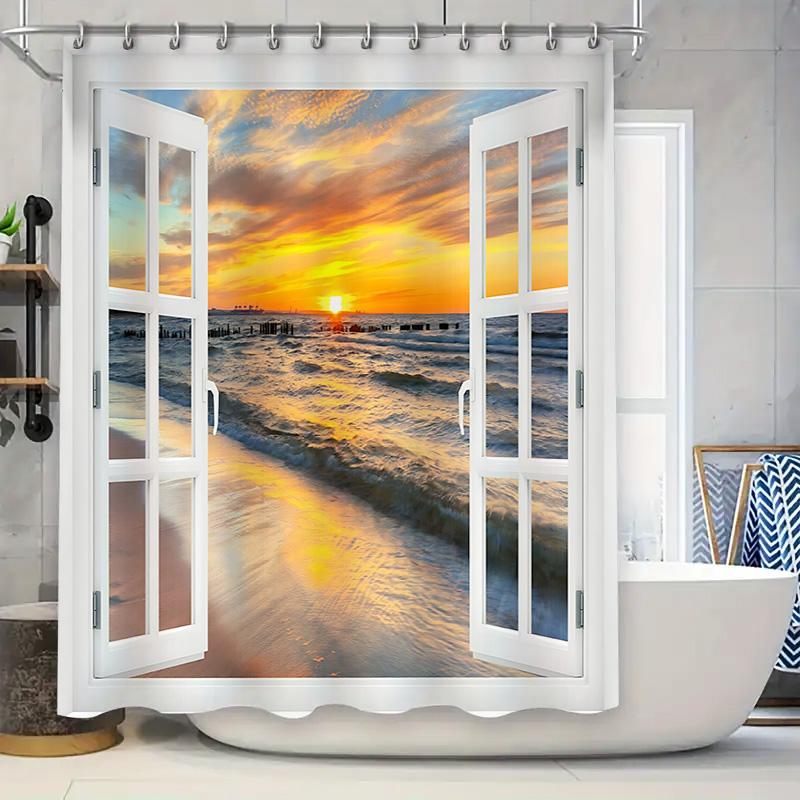 

Beach Sunset View Curtain Ocean Waves Golden Sky Bath Decor Coastal Theme Enhanced Serene Atmosphere Open Window Design W60H190(CM)-1 Pcs