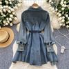 Spring New Chic Hong Kong Flavor Retro High Sense Loose and Thin Irregular Lace-up Waist Denim Dress Women