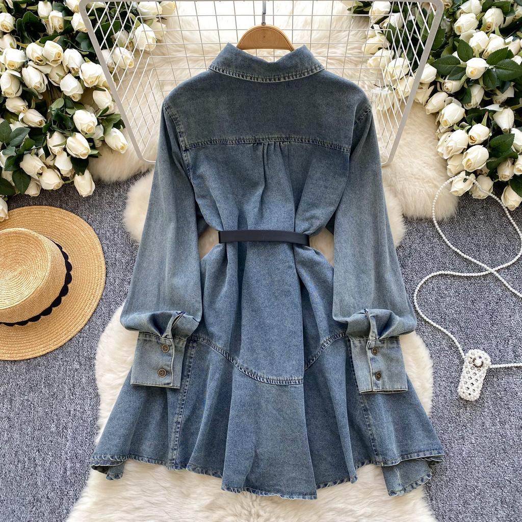 Spring New Chic Hong Kong Flavor Retro High Sense Loose and Thin Irregular Lace-up Waist Denim Dress Women