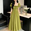 Summer Sexy Solid Color Bubble Sleeve Lace-up Pleated Square Neck Dress Women's Slim Temperament A-word Long Dress