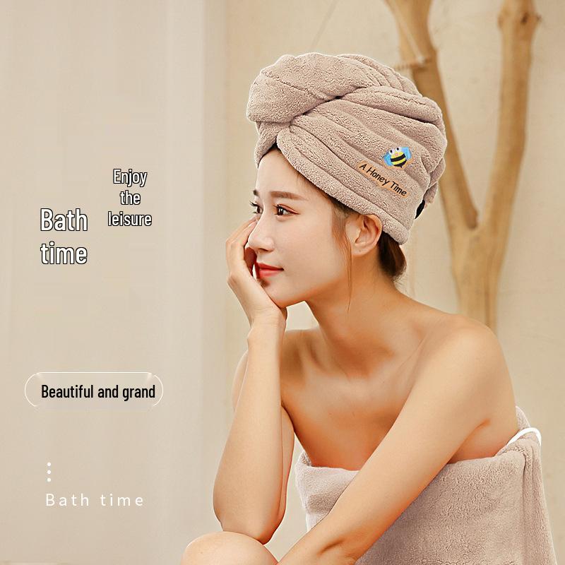 Classic Coral Fleece Embroidered Quick-Dry Hair Cap - Thick, Water-Absorbent & Shed-Resistant