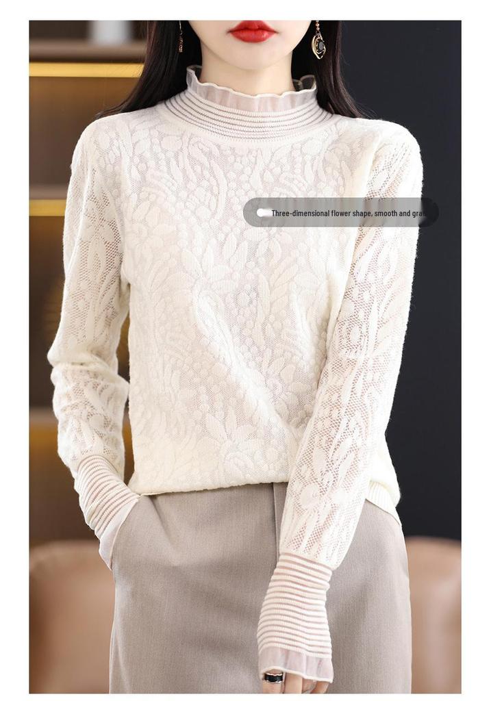 Women's Spring-Summer Chiffon Knit Top with Lace & Mesh Half-High Collar
