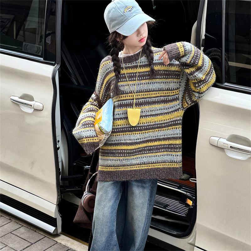 

Новый полосатый свитер крупной вязки для девочек 2025 на осень и зиму - Модный повседневный шерстяной свитер для больших детей 150 cm