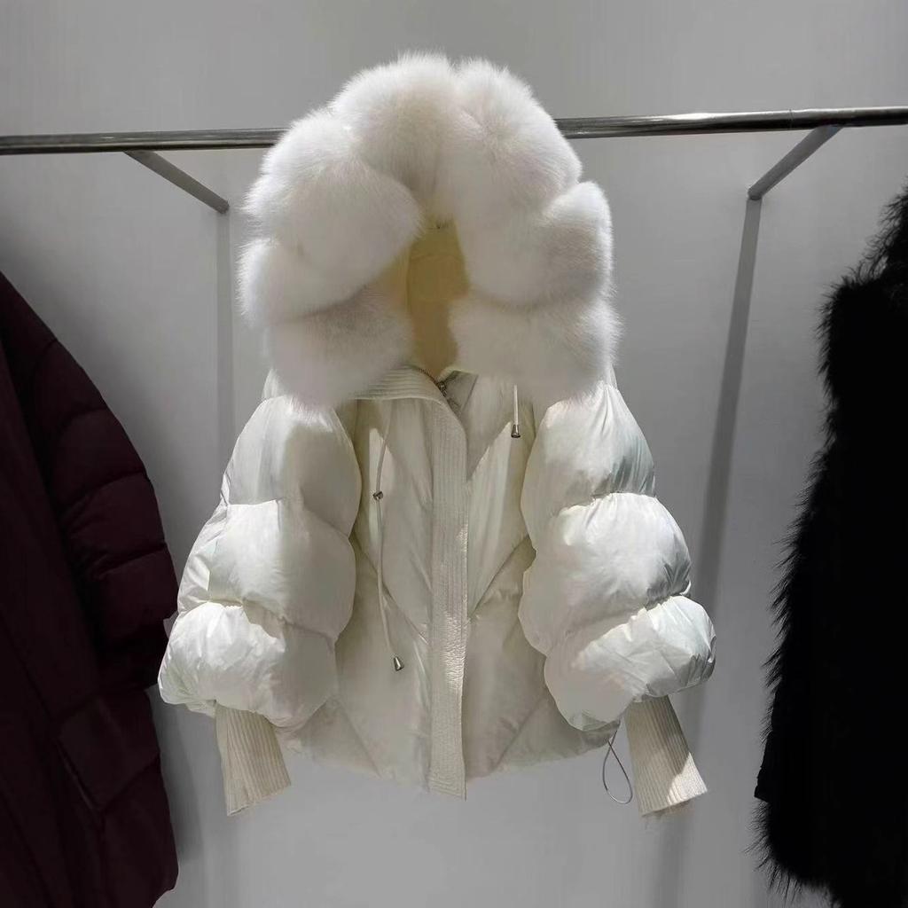 Winter Large Real Fur Hooded Puffer Jacket Women Thicken Warm Knitted Sleeve Coat White Duck Down Mid Long Parka