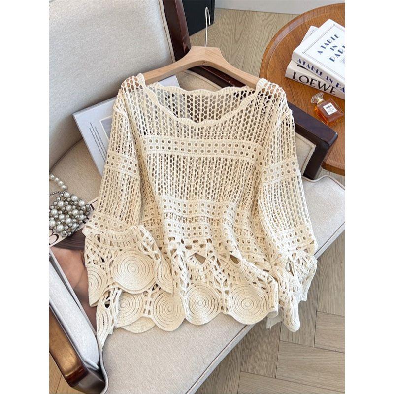 Bohemian Style Plus Size Women Clothing Crochet Hollow Knitted Pullover Airable Shirt Capri Bell Sleeve Cover Up Sun Protection Clothing