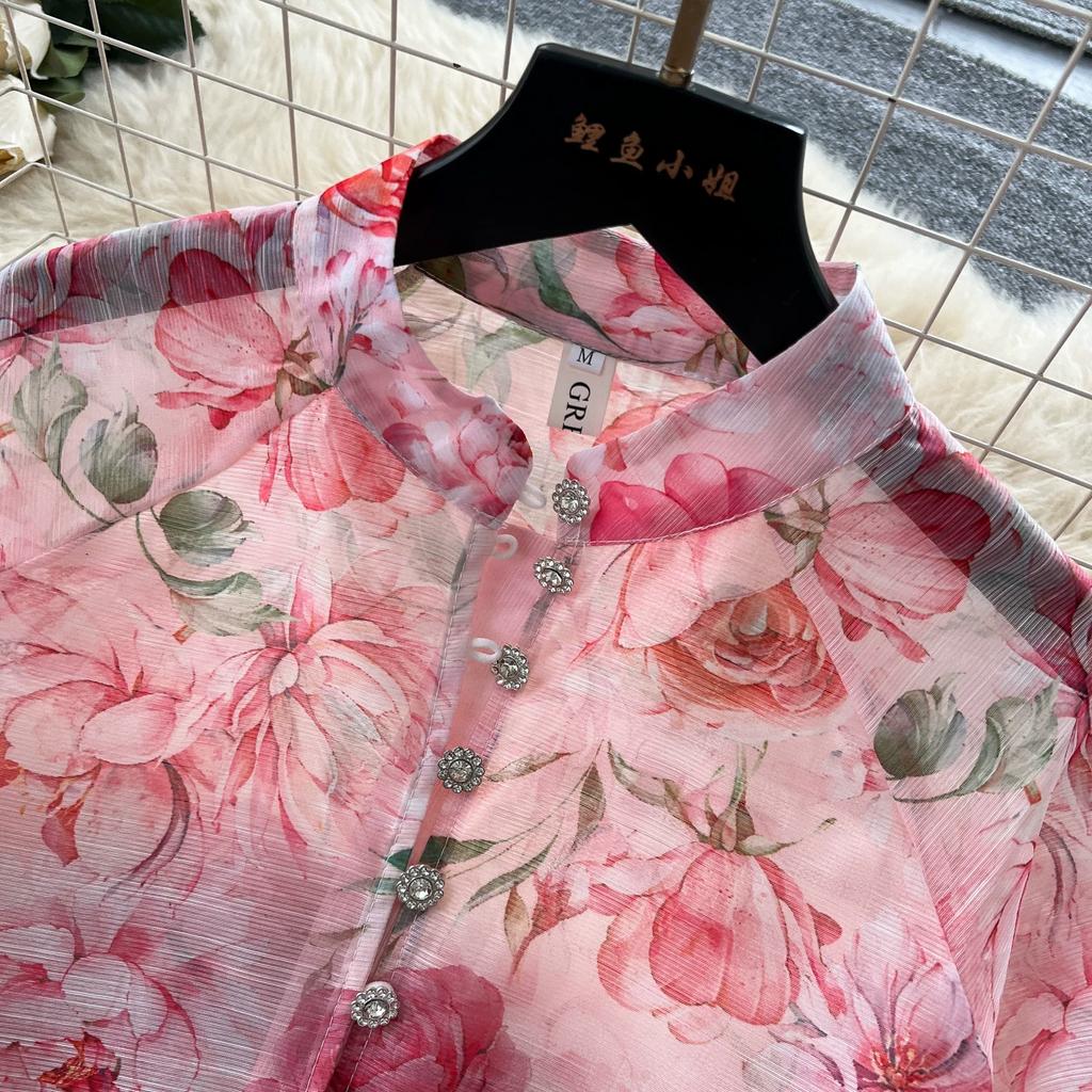 Summer Holiday Organza Gorgeous Flower 2 Piece Set Women Long Lantern Sleeve Shirt Blouse and Elastic Waist A Line Skirt Suit