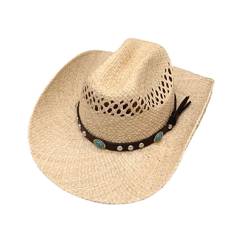 Western Cowboy Hat, Travel Sunshade And Sunscreen Hat, Raffia Hand-Woven Crimped Hat