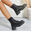 Women's Fashion Black Platform Ankle Boots Round Toe Lace Up Non Slip Combat Boots Woman Autumn Winter PU Leather Botines Mujer