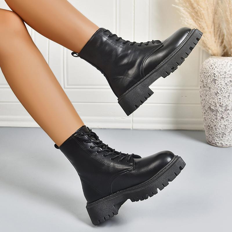 Women's Fashion Black Platform Ankle Boots Round Toe Lace Up Non Slip Combat Boots Woman Autumn Winter PU Leather Botines Mujer