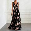 European Blue Tulip Print Sleeveless V-Neck Chiffon Long Gown - Elegant and Flowy Formal Dress for 2026 Banquets